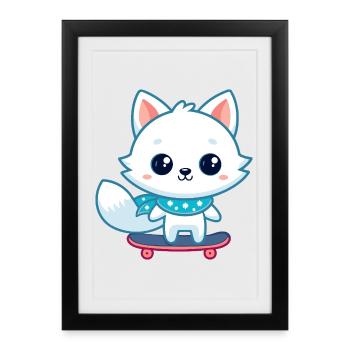 Renard blanc sur skate bleu - Affiche encadrée (27 × 37 cm) - noir - Devant