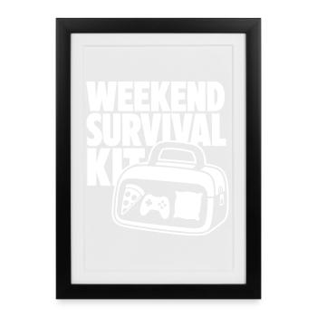 Weekend Survival Kit – Gaming Pizza und Schlaf - Gerahmtes Poster (27 × 37 cm) - Schwarz - Vorne