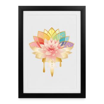 Lotus avec des fleurs dorées symbole dans des couleurs vives - Affiche encadrée (27 × 37 cm) - noir - Devant