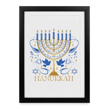 chandelier de Hanoukka doré avec deux colombes - Affiche encadrée (27 × 37 cm) - noir - Devant