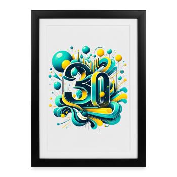 30 ans anniversaire rétro futuriste 3D bleu jaune - Affiche encadrée (27 × 37 cm) - noir - Devant