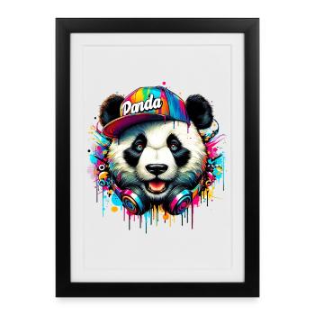 Panda DJ Deejay avec des écouteurs écoute de la musique - Affiche encadrée (27 × 37 cm) - noir - Devant