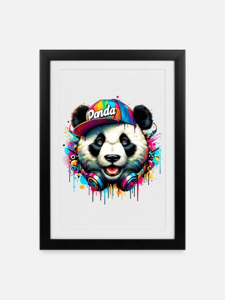 Panda DJ Deejay mit Kopfhörern hört Musik - Gerahmtes Poster (27 × 37 cm) - Schwarz