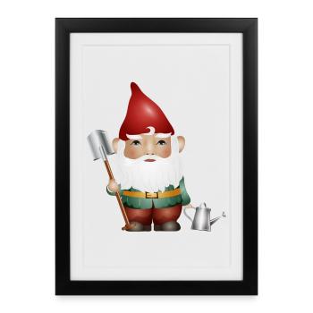 Garden gnome with watering can and spade in garden - Framed poster (27 × 37 cm) - black - Front