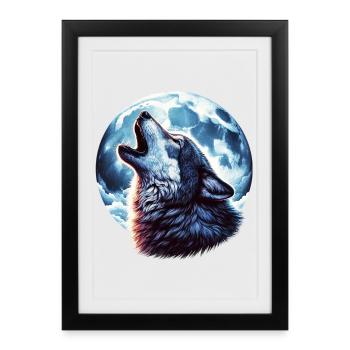 Le loup hurle à la pleine lune - Affiche encadrée (27 × 37 cm) - noir - Devant