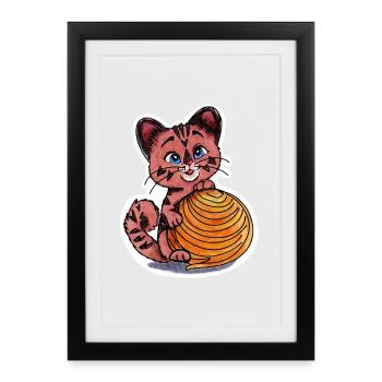 Petit chaton avec une pelote de laine - Affiche encadrée (27 × 37 cm) - noir - Devant