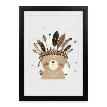 Cute bear with feather headdress in boho style - Framed poster (27 × 37 cm) - black - Front