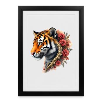 Tigre steampunk avec des roses et des engrenages - Affiche encadrée (27 × 37 cm) - noir - Devant
