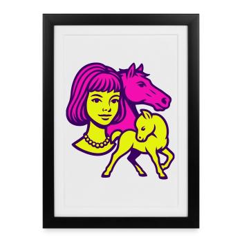 Fille Cheval Pop Art - Affiche encadrée (27 × 37 cm) - noir - Devant