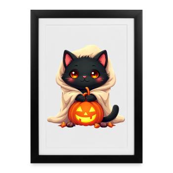 Chat d’Halloween avec citrouille d’Halloween - Affiche encadrée (27 × 37 cm) - noir - Devant