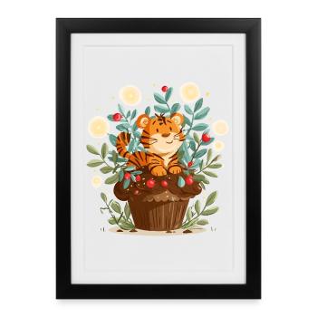 Tigre câlin dans un panier de fleurs - Affiche encadrée (27 × 37 cm) - noir - Devant