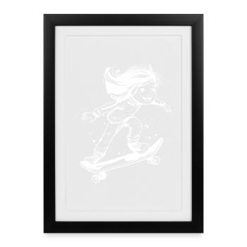 Dessin de fille en skateboard - Affiche encadrée (27 × 37 cm) - noir - Devant