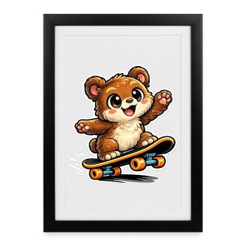 Kuschelbär Skateboard-Abenteuer - Gerahmtes Poster (27 × 37 cm) - Schwarz - Vorne