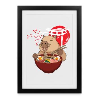 Capybara mange une soupe de ramen mignonne drôle - Affiche encadrée (27 × 37 cm) - noir - Devant