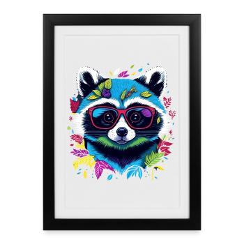 Raton laveur coloré avec des lunettes et des feuilles - Affiche encadrée (27 × 37 cm) - noir - Devant