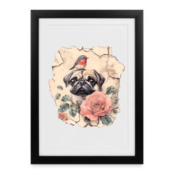 Pug with robins - Framed poster (27 × 37 cm) - black - Front