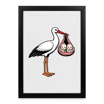 Stork with baby's twins in cloth pink - Framed poster (27 × 37 cm) - black - Front