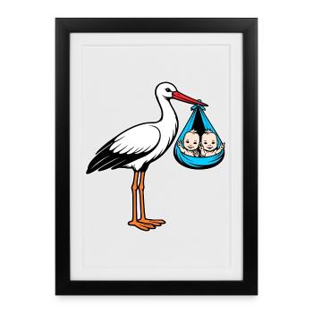 Stork with baby's twins in cloth blue - Framed poster (27 × 37 cm) - black - Front