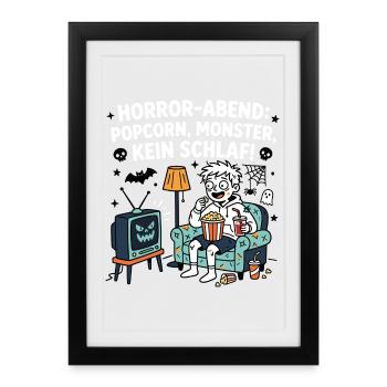 Horror-Abend: Popcorn, Monster, Kein Schlaf - Gerahmtes Poster (27 × 37 cm) - Schwarz - Vorne