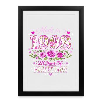 Cadeau 28 Ans Femme - Anniversaire 1998 Floral - Affiche encadrée (27 × 37 cm) - noir - Devant