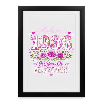 Cadeau 90 Ans Femme - Anniversaire 1936 Floral - Affiche encadrée (27 × 37 cm) - noir - Devant