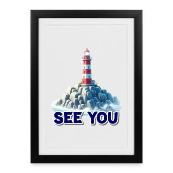 Phare sur le lac rocheux Toi - Affiche encadrée (27 × 37 cm) - noir - Devant