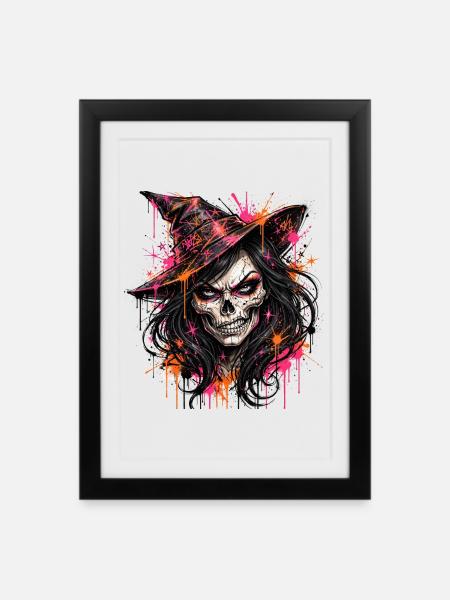 Hexen – Schädelhexe Neon - Gerahmtes Poster (27 × 37 cm) - Schwarz