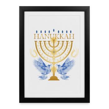 chandelier de Hanoukka doré avec deux colombes - Affiche encadrée (27 × 37 cm) - noir - Devant