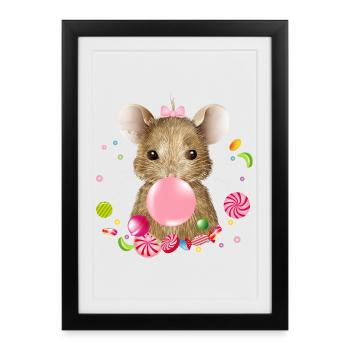 cute mouse with pink chewing gum and candy - Framed poster (27 × 37 cm) - black - Front
