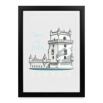Torre de Belem, Lisbonne, Portugal, Dessin à la main - Affiche encadrée (27 × 37 cm) - noir - Devant