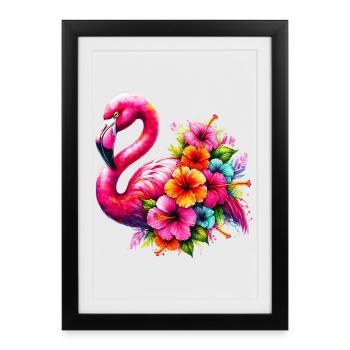 Flamingo decorated with hibiscus flowers - Framed poster (27 × 37 cm) - black - Front