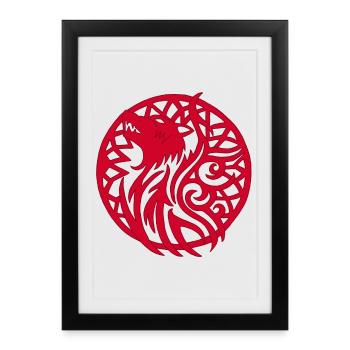 Loup rouge et talisman porte bonheur - Affiche encadrée (27 × 37 cm) - noir - Devant