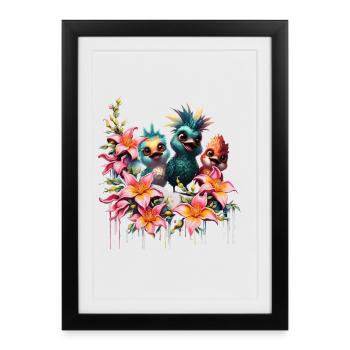 Magie des oiseaux dans une mer de fleurs - Affiche encadrée (27 × 37 cm) - noir - Devant