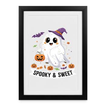 Cute Halloween Ghost with Pumpkin Basket - Framed poster (27 × 37 cm) - black - Front