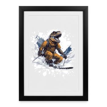 Dinosaur T Rex Ski Skiing - Affiche encadrée (27 × 37 cm) - noir - Devant