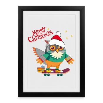 Hibou de Noël sur planche à roulettes - Affiche encadrée (27 × 37 cm) - noir - Devant