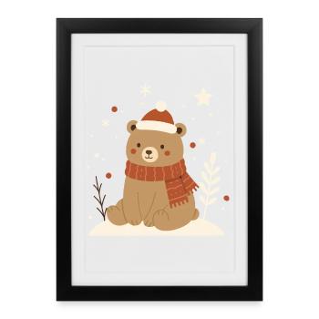 Ours avec chapeau de Père Noël – motif animalier pour l’hiver - Affiche encadrée (27 × 37 cm) - noir - Devant