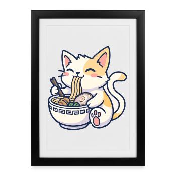 Kawaii Ramen Cat Joy - Affiche encadrée (27 × 37 cm) - noir - Devant