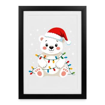 ours polaire Noël mignon drôle fées lumières pôle Nord - Affiche encadrée (27 × 37 cm) - noir - Devant