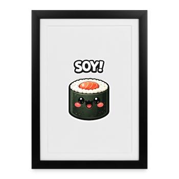 Autocollant de Soja pour le roulé de sushi Kawaii - Affiche encadrée (27 × 37 cm) - noir - Devant