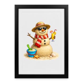 Bonhomme de neige de sable sur la plage avec cocktail - Affiche encadrée (27 × 37 cm) - noir - Devant
