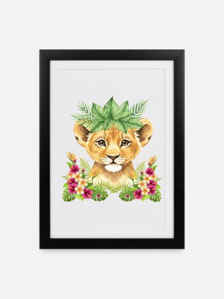 Floral lion cub - Framed poster (27 × 37 cm) - black