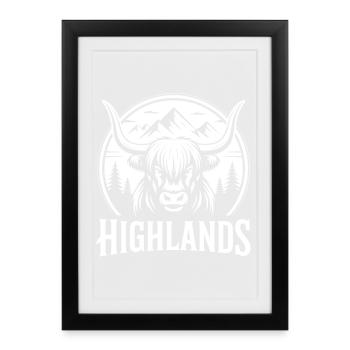 Logo rond du paysage Highland Cow Mountain - Affiche encadrée (27 × 37 cm) - noir - Devant