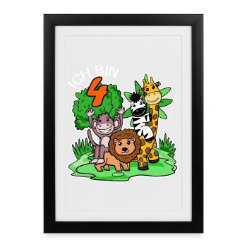 4. Geburtstag - Ich bin 4 - Tiere Wildnis - Gerahmtes Poster (27 × 37 cm) - Schwarz - Vorne