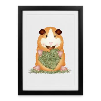 drôle de cochon d’Inde avec un grand cœur de foin - Affiche encadrée (27 × 37 cm) - noir - Devant