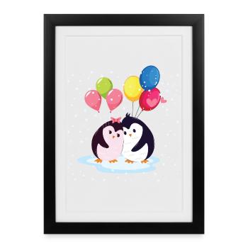 Pingouins avec ballons - Affiche encadrée (27 × 37 cm) - noir - Devant