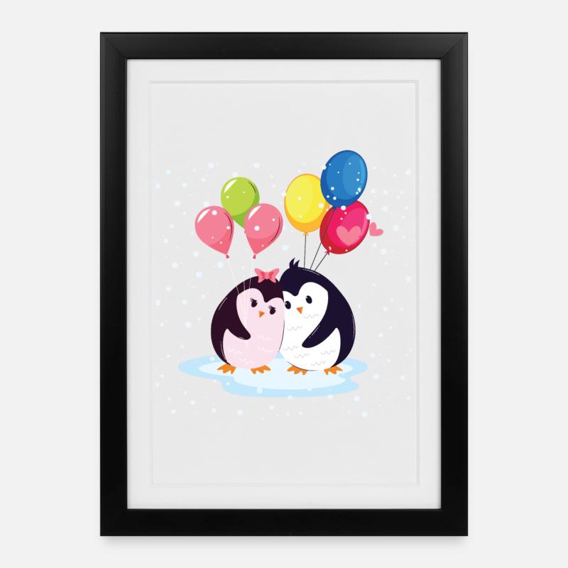 Pinguine mit Luftballons - Gerahmtes Poster (27 × 37 cm) - Schwarz