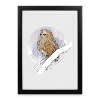 Petit hibou sur motif dans des couleurs pastel - Affiche encadrée (27 × 37 cm) - noir - Devant