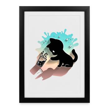 Kawaii Cat with Bubble Tea Cute Sweet Kitty - Framed poster (27 × 37 cm) - black - Front