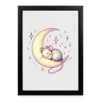 souris endormie paisiblement, sur un croissant de lune - Affiche encadrée (27 × 37 cm) - noir - Devant